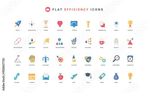 Process efficiency, skill and motivation for improvement, priority work color icon set. Success and goal focus, multitasking efficient operations to optimize project flat elements vector illustration