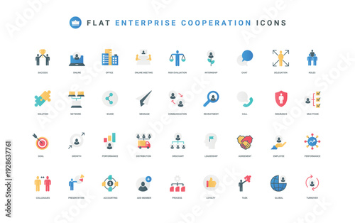Teamwork and cooperation organization in corporate company, enterprise color icon set. Organizational structure and hierarchy, relationship of department, multichannel flat element vector illustration