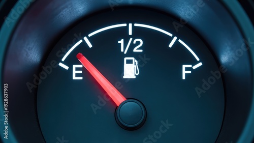 Close up of a car's illuminated fuel gauge showing the needle pointing towards empty indicating a need to refuel quickly
