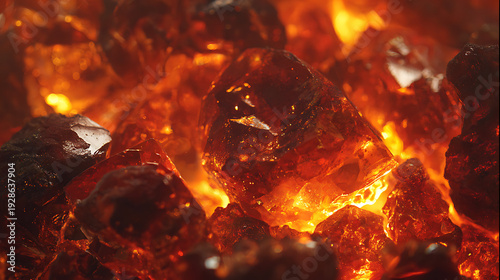 Fiery orange crystals glowing with intense heat fire