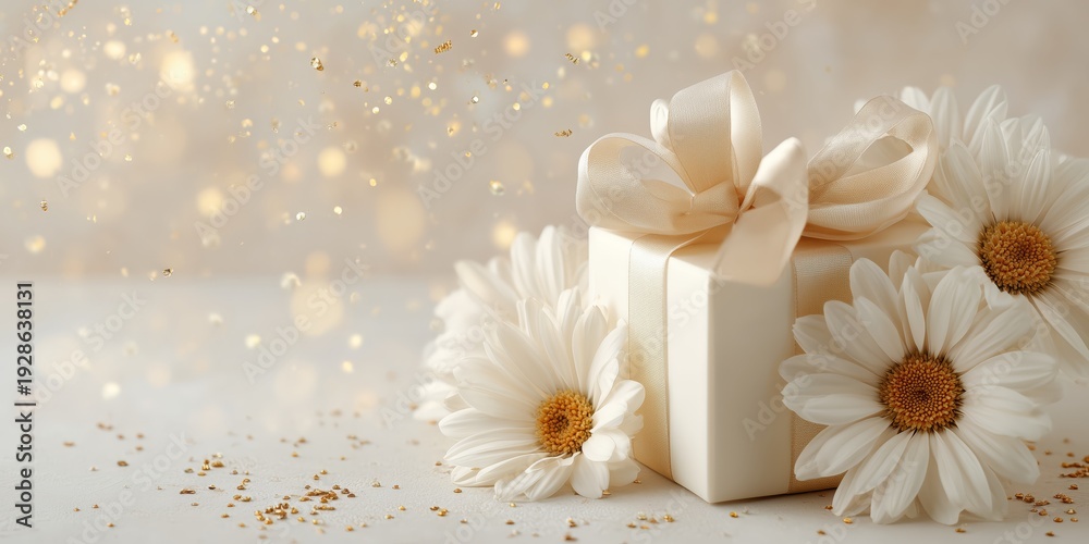 Obraz premium Luxurious beige box tied with satin bow amid swirling cherry blossom petals, ideal illustration for March 8 gifts and holiday greetings.