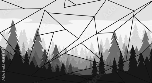 Geometric forest landscape with low poly pine trees in modern monochrome design