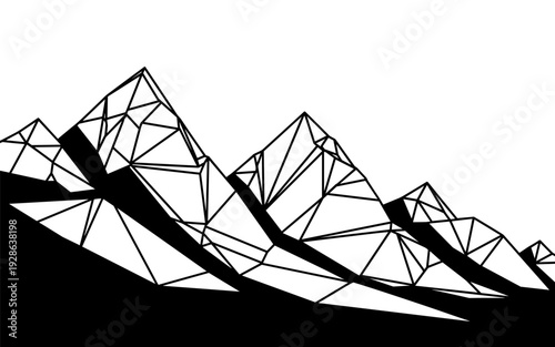 Geometric mountain landscape with polygonal peaks in black and white