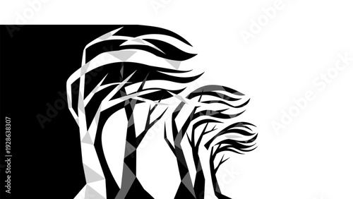 Abstract geometric trees with wind-swept branches in black and white