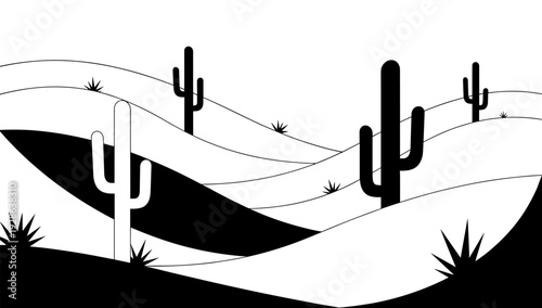Monochrome desert landscape with cacti and rolling hills in minimalist style