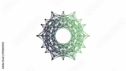 Abstract geometric network illustration with gradient colors on a white background, representing complex connections and data visualization
