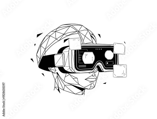 Futuristic geometric art depicting person with virtual reality headset in modern linear style