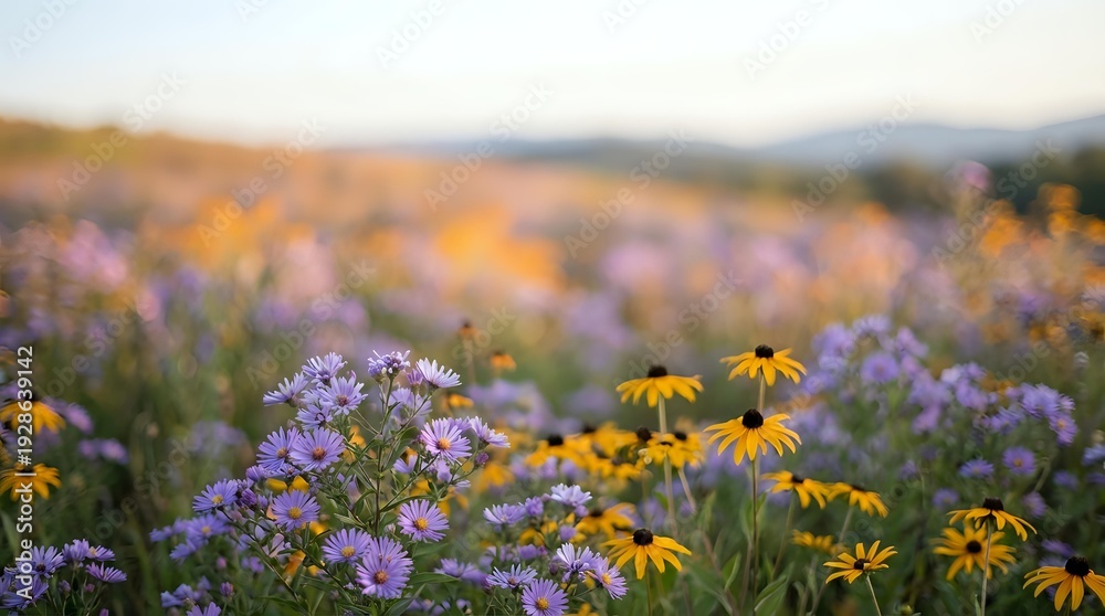Obraz premium Wildflower meadow with purple asters and yellow black-eyed susans blooming in golden hour light creating dreamy bokeh background for nature photography.