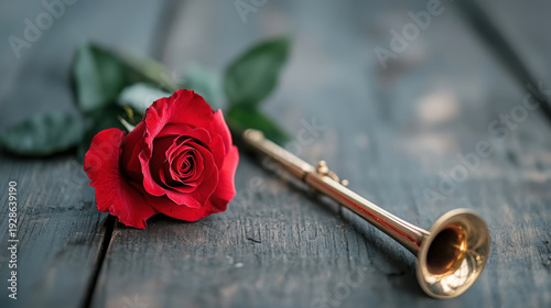 Elegant red rose and brass trumpet on weathered wooden surface