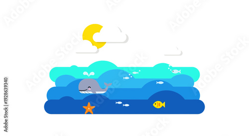 Ocean scene vector illustration, flat design, for children, summer, nature, cartoon graphic