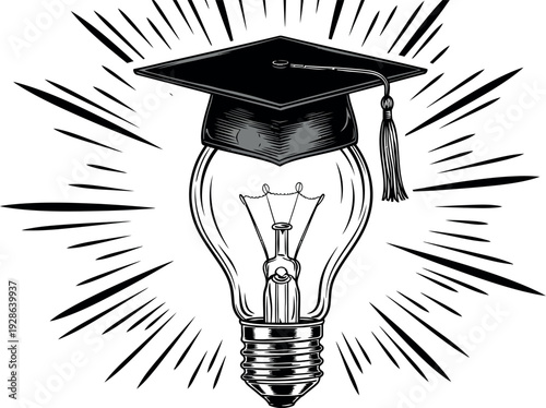 Graduation cap on light bulb with radiant lines