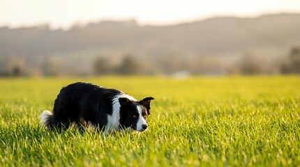 Black and white border collie dog crouching in green grass field during golden hour sunset with blurred countryside landscape background.