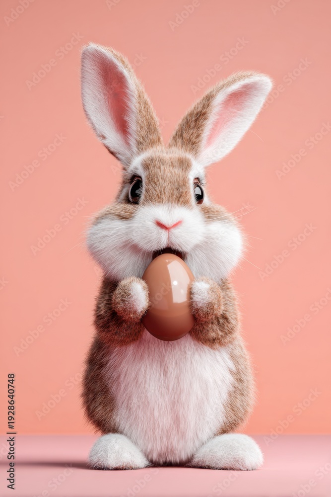 Fototapeta premium Cute fluffy bunny holding a chocolate Easter egg on pastel pink background for spring celebration