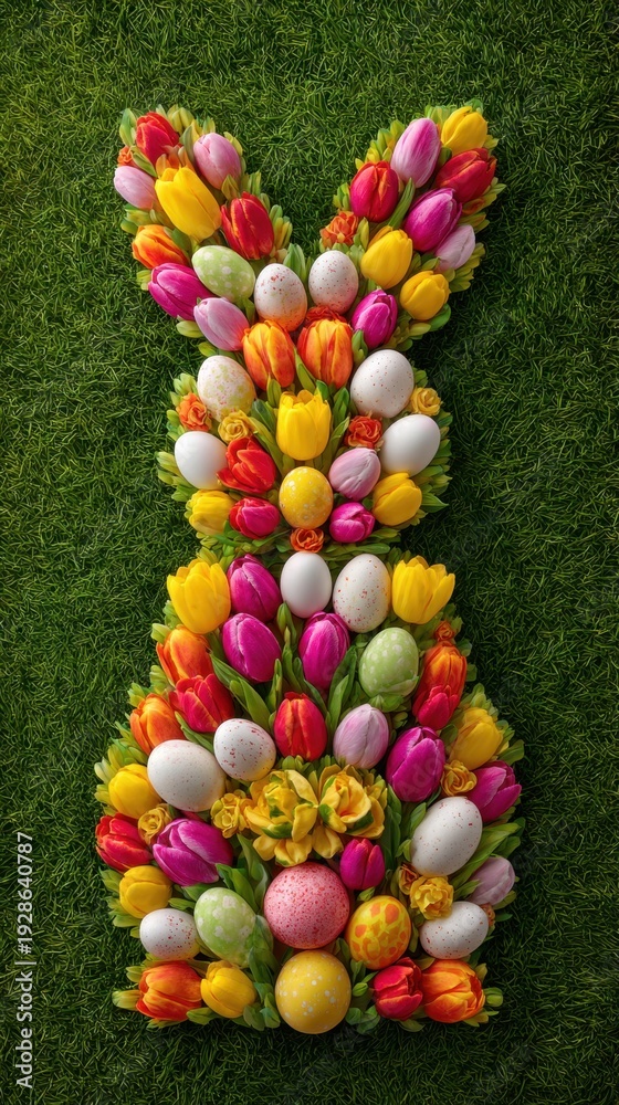 Fototapeta premium Easter bunny shape made of colorful tulips and decorated eggs on green grass