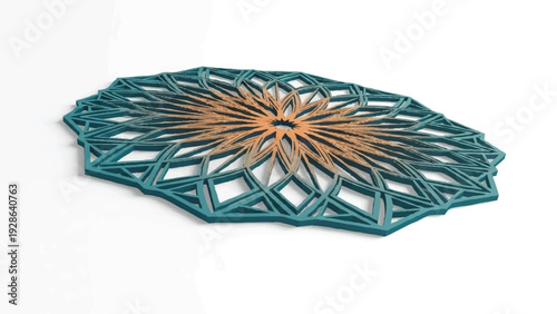 Intricate geometric pattern with a radiating starburst design, blending teal and warm orange hues on a white background, artistic graphic