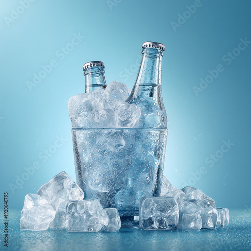 Two glass bottles chilling in an ice bucket with scattered ice cubes.