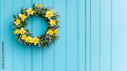 Soft spring glow wreath with daffodils and lush greenery on vibrant blue background