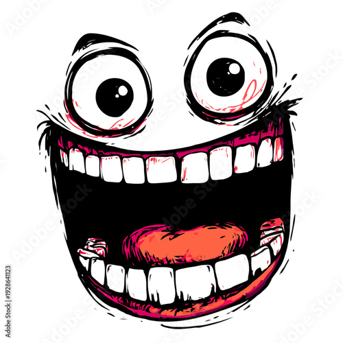 Distorted face illustration with exaggerated features and a grotesque, amusing grimace in a bold, hand-drawn graphic style for creative projects.