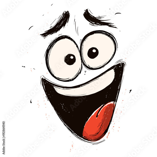 Wacky cartoon character face with a crazy laughing expression and a playful wink, rendered in a bold black and white comic style for fun and humorous design projects.