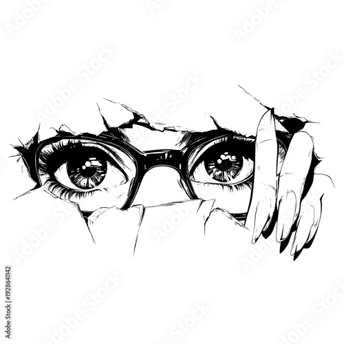 Black and white sketch illustration of eyes peeping through a cracked wall, representing mystery, observation, and hidden secrets in a grunge artistic style.
