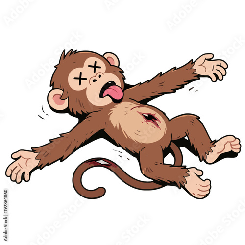 Cartoon dead monkey illustration with bloody wounds and X-eyes, isolated on white background.