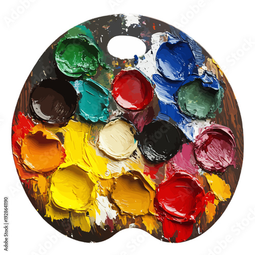 Artist's wooden palette with a variety of vibrant oil paints, showcasing rich textures and a full spectrum of colors for painting, fine art, and creative design projects.