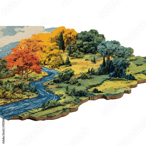 Vibrant autumnal landscape puzzle illustration, featuring a winding river through a colorful forest with orange and yellow trees, isolated on white background for creative design.