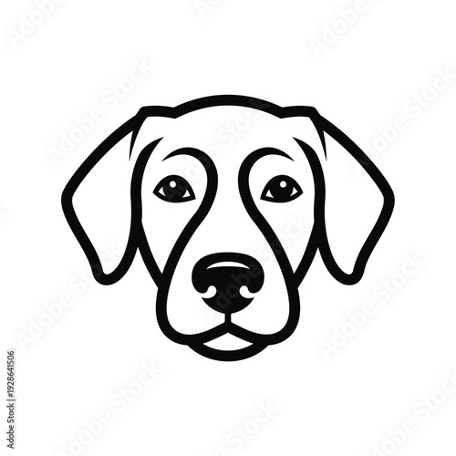 A stylized black and white illustration of a dog’s head with expressive eyes and ears