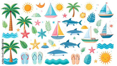 Summer Beach Holiday Collection with Tropical Travel Icons Flat Vector