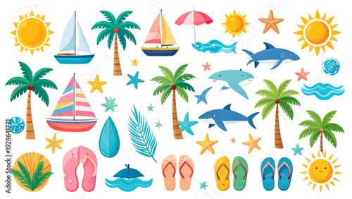 Summer Beach Holiday Collection with Tropical Travel Icons Flat Vector