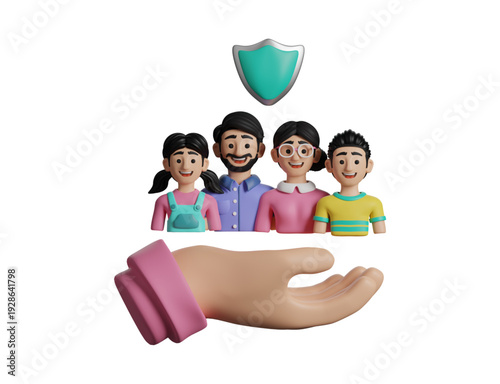 3D Hand Protecting Happy Family with Shield Icon