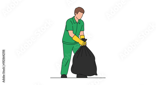 A male sanitation worker wearing a green short-sleeved uniform and yellow protective gloves lifts a heavy black plastic garbage bag against a white background.