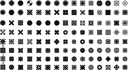 Black Geometric Shape Icons Collection with Abstract Circular Square and Cross Symbols Minimal Vector Design Set