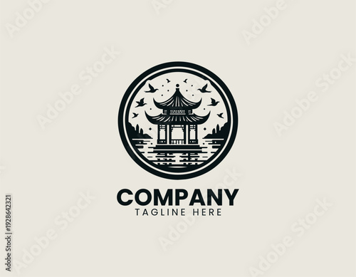 Traditional Asian lakeside pavilion with birds and reflection is presented as clean monochrome vector logo on white background for cultural travel branding use