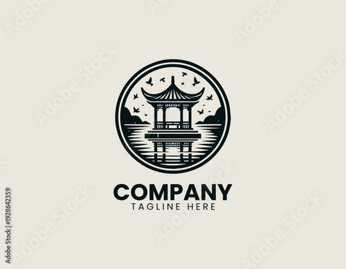 Traditional Asian lakeside pavilion with birds and reflection is presented as clean monochrome vector logo on white background for cultural travel branding use