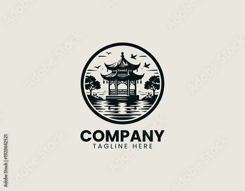 Traditional Asian lakeside pavilion with birds and reflection is presented as clean monochrome vector logo on white background for cultural travel branding use