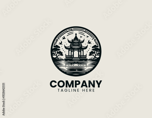Traditional Asian lakeside pavilion with birds and reflection is presented as clean monochrome vector logo on white background for cultural travel branding use