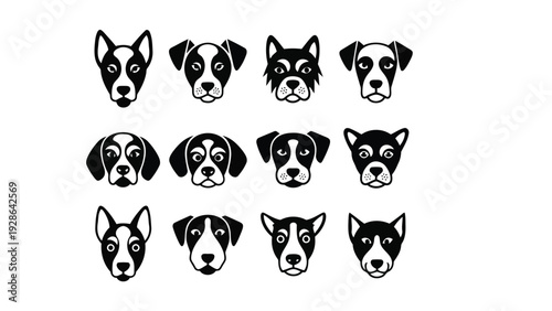 Collection of stylized dog faces in a black and white artistic arrangement