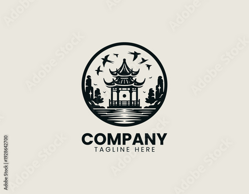 Traditional Asian lakeside pavilion with birds and reflection is presented as clean monochrome vector logo on white background for cultural travel branding use