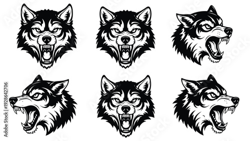 Vintage style illustration of seven wolves howling at the moon in a circular arrangement