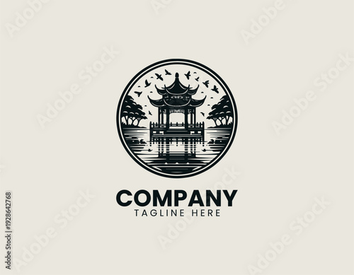 Traditional Asian lakeside pavilion with birds and reflection is presented as clean monochrome vector logo on white background for cultural travel branding use