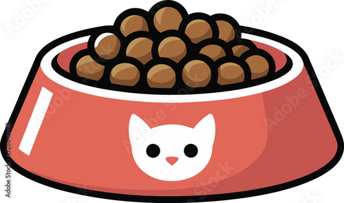 Cat Food Bowl Vector IllustrationFull Dish of Kibble with Cute Cat Face Emblem