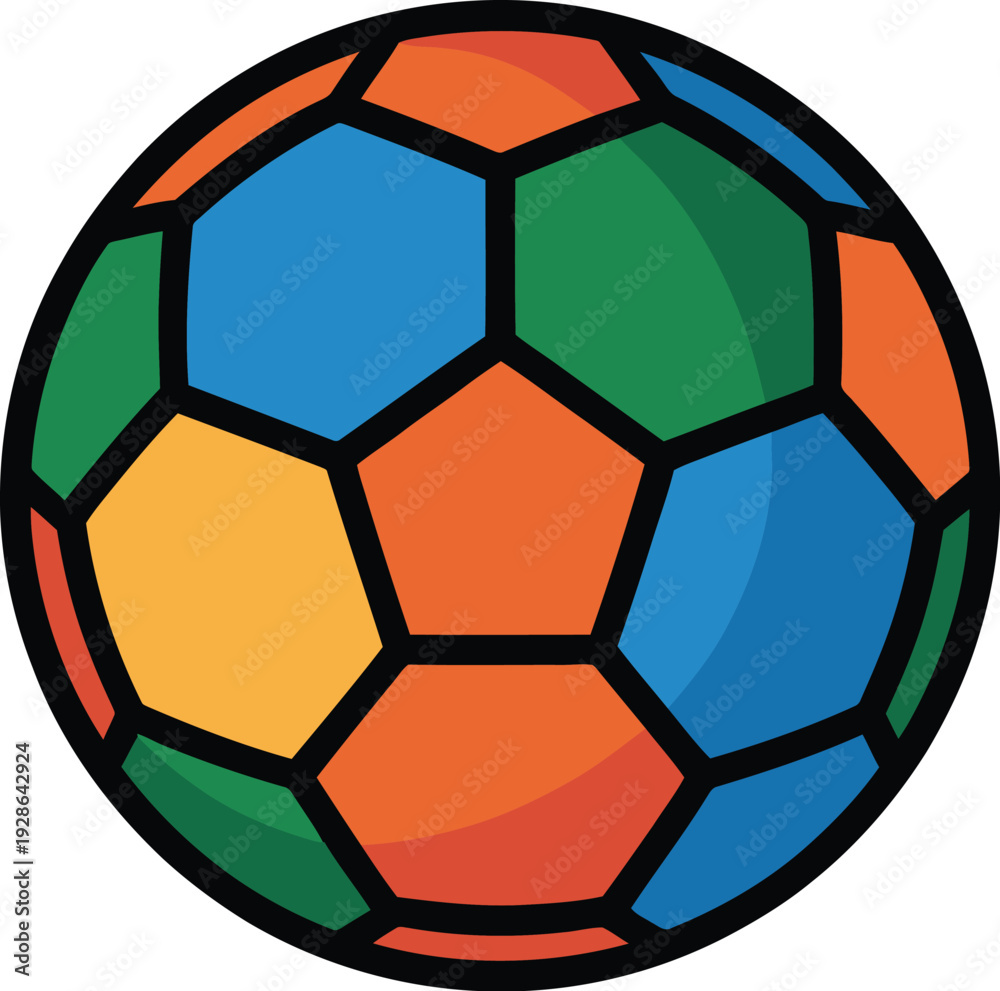 Fototapeta premium Colorful Soccer Ball Illustration with Hexagonal Panels on White Background Sports Equipment Vector