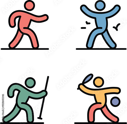 Diverse People Exercising Icons: Walking Jumping Nordic Skiing Table TennisVector Graphics