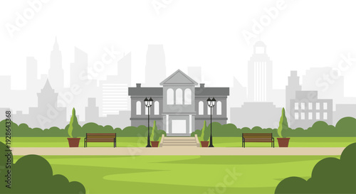 A gray neoclassical municipal building stands behind a green lawn and walking path with wooden benches and black lamp posts in a city park setting.
