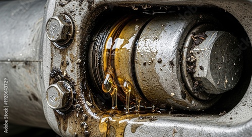 Extreme close-up of amber-colored hydraulic fluid leaking from a metal aircraft part or industrial machinery