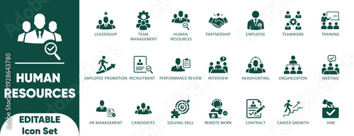 Human resources Solid icon set. leadership, teamwork, human resources, interview, job, management, meeting,and flat vector.