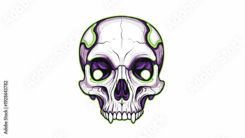 Vibrant and stylized human skull illustration with glowing green eyes and purple accents, evoking a sense of mystery and artistic expression in a modern gothic aesthetic