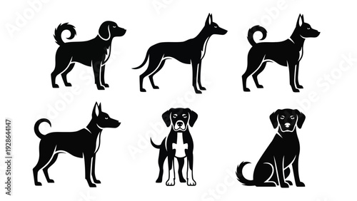Black and white silhouettes of dogs in various dynamic poses