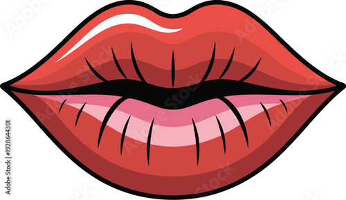 Red Lips with Glossy Shine and Defined Outline Vector Illustration Kiss Symbol